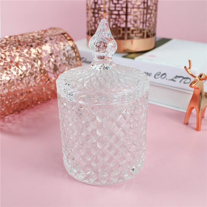 Round Shape Covered Candy Jar Crystal Line Design Glass Storage Jar