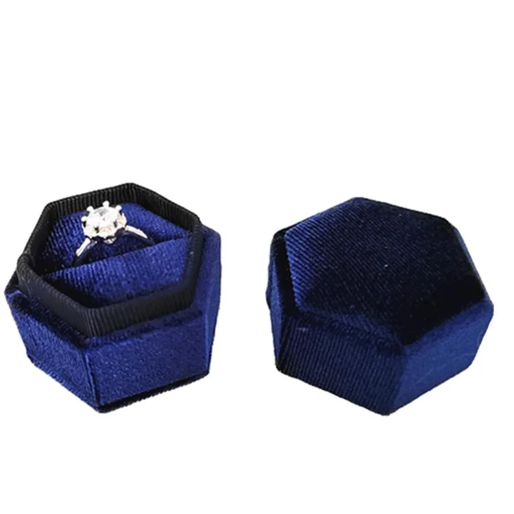 Double Rings Smooth Silk Velvet Dark Blue Custom Jewelry Box in Stock