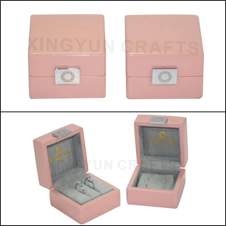 New Arrival Sweet Pink Glossy Finish Wooden Jewelry Gift Box Wood Packaging Box Double Ring/Earring/Set Wood Box