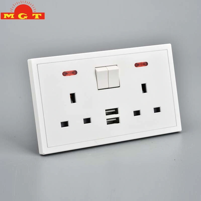 British/UK Standard Plastic Wall Socket with Indicator 2 Gang Switch + Double 13A