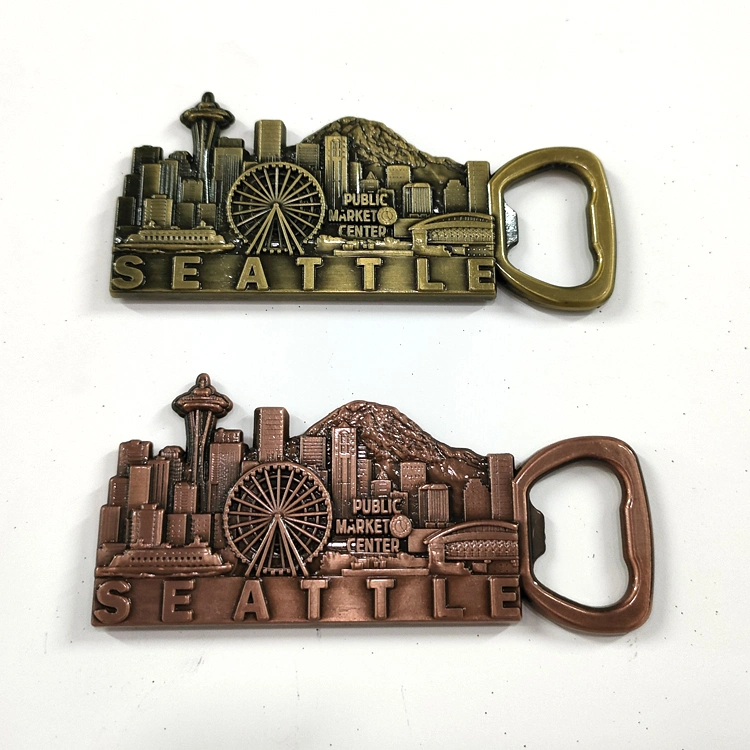 Comercio al por mayor de aleación de metal personalizados Souvenir de Seattle nevera imán Abrebotellas