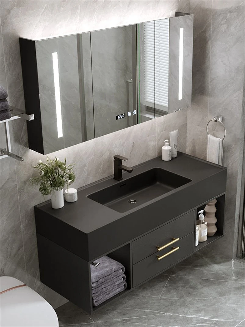 La empuñadura de oro de lujo en el soporte de suelo lavabo del baño y el Gabinete Combo: Moderno diseño, material de madera maciza y personalizable, Color y tamaño, durable y resistente al agua