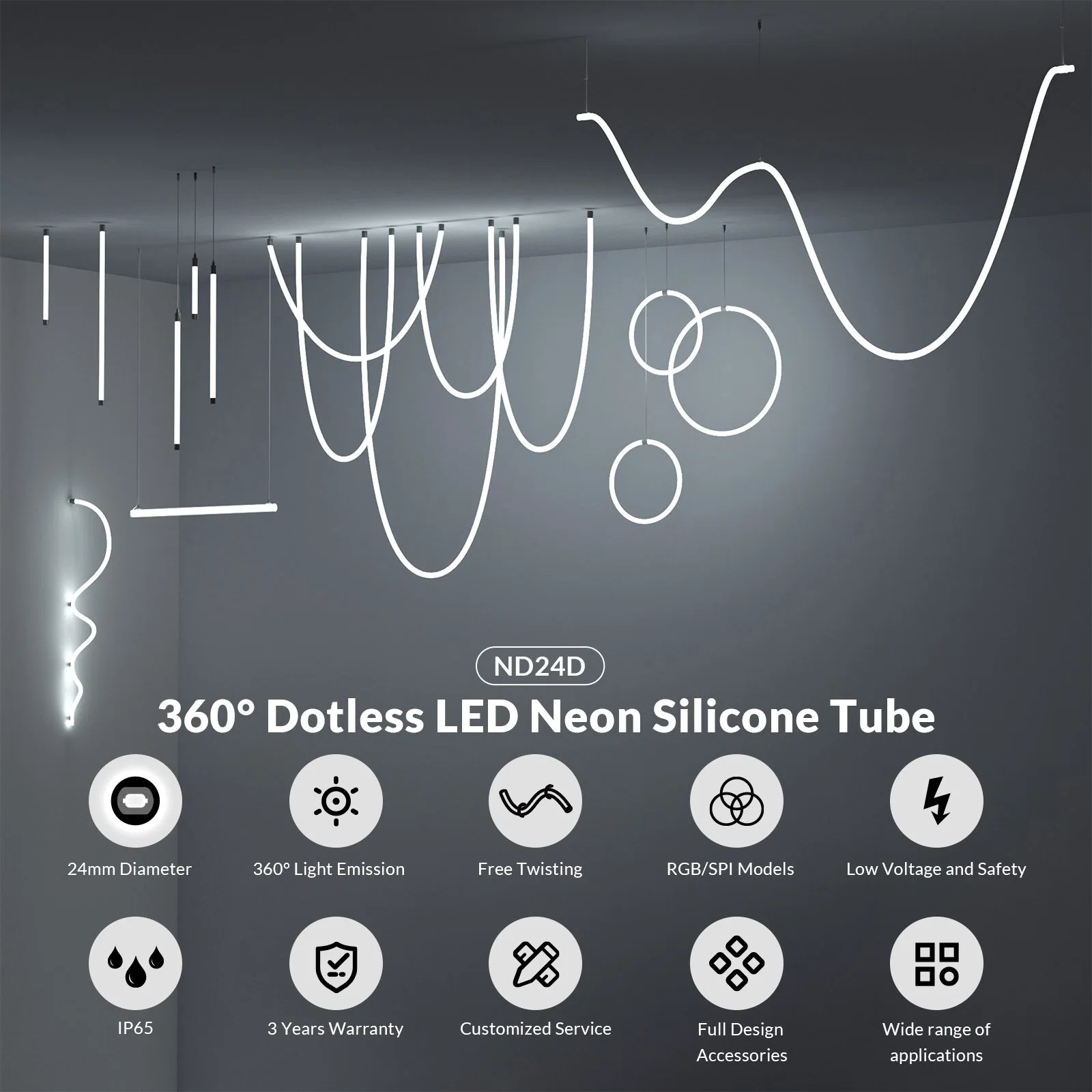 ND24D новый продукт 360 градусов гибкой трубки неоновых ламп освещения с полным набором принадлежностей для использования внутри помещений дизайн ландшафта освещение