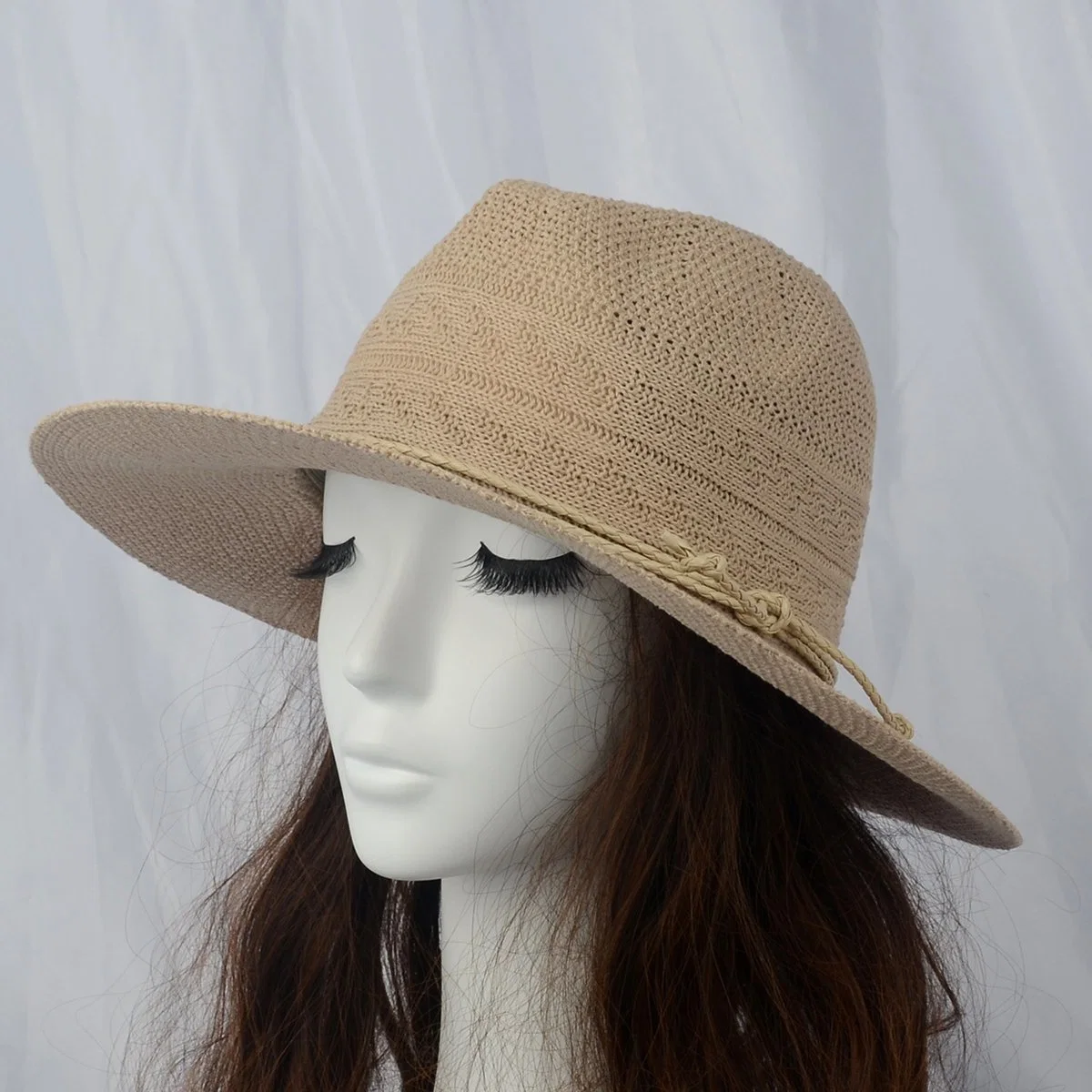 Wide Flat Brim Straw Woven Fedora Sun Hat with String