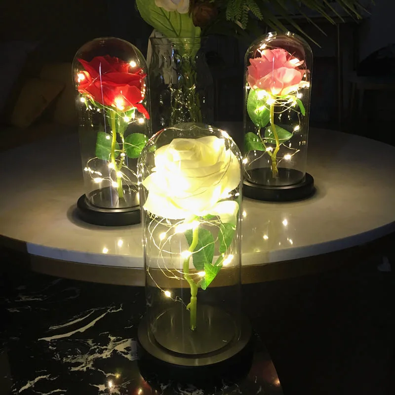 Rose Flower Gift in Glass Dome LED Light Roses for Christmas