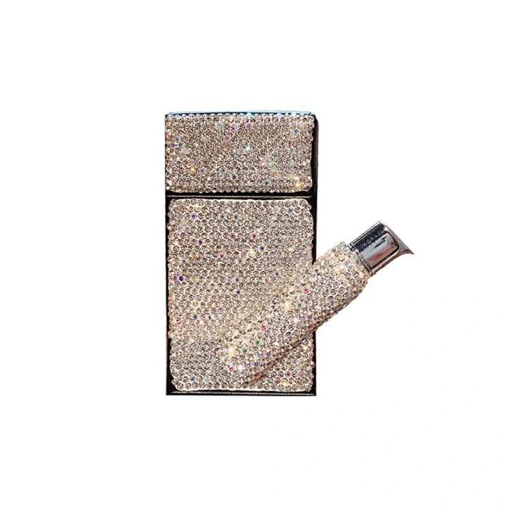 Ea062 Crystal Long Bling Smoke Metal Cigarette Box Holder Cigarette Case with Lighter