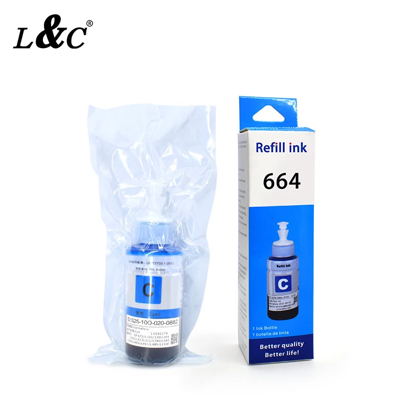 L&amp;C 664 EP664 T664 Ecotank recharge Encre dye compatible pour imprimante jet d'encre Epson L100/L111/L200/L211/L301/L211/L351/L353