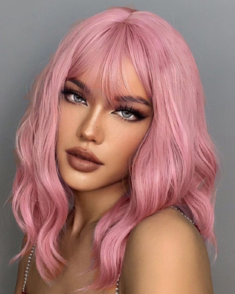 Wigs Wavy Pink Air Bangs Collarbone Hair Long Section Water Ripple