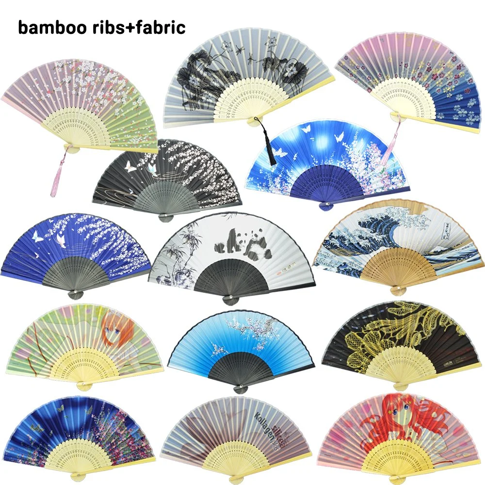 Custom 21cm 23cm Double Sided Printing Folding Hand Held Fan for Wedding Promotional Gifts Bamboo Paper Hand Fan Silk Fabric