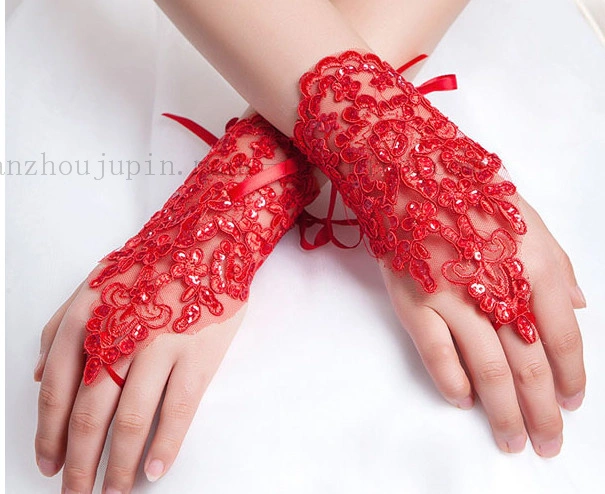 Custom Fashion White Red Lace Short Wedding Bridal Gloves