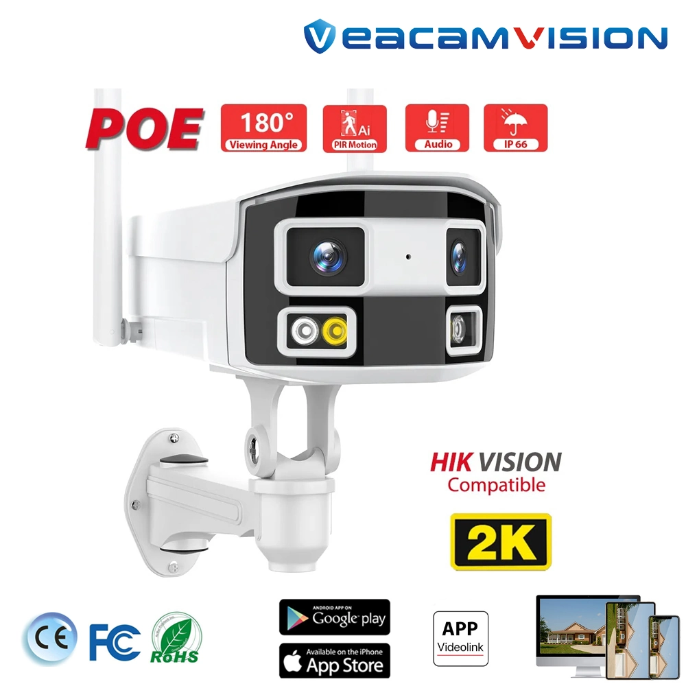 Dual Lens WiFi IP Camera 4MP 180&deg; View Angle Panoramic Camera Poe Security WiFi Outdoor IP66 Camera Human Detection Surveillance