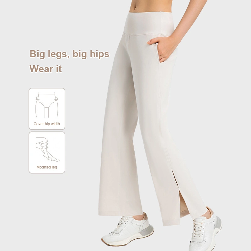 Wholesale Factory High Waist Drapey Wide Leg Split Hemp Yoga Pants Skin-Friendly Moisture-Wickinng Running Sports Trousers with Side Pockets