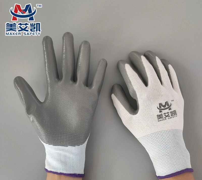 13G White Polyester Liner Grey Nitrile Palm Coated Gloves Labor Protective Working Safety Gloves CE En388 2121X