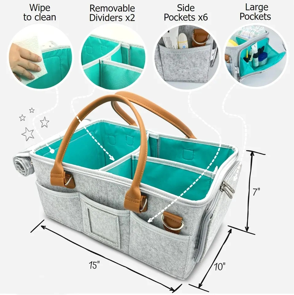 Portable Felt Baby Diaper Caddy Storage Bag with Roll Lid and Removable Divider for Nursery Nappy Caddy Cream