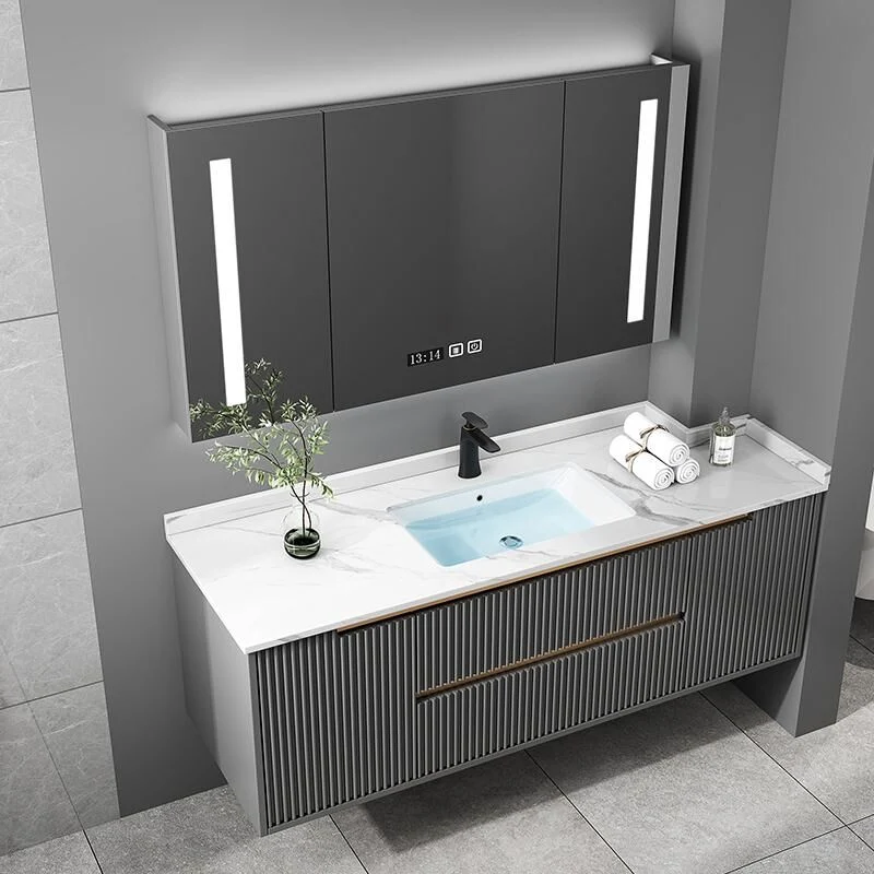 Grey Color Modern New Design Wall Mounted Two Drawers LED Lighted Mirror Bathroom Vanity Cabinet with Rock Plate Sink and Marble Top