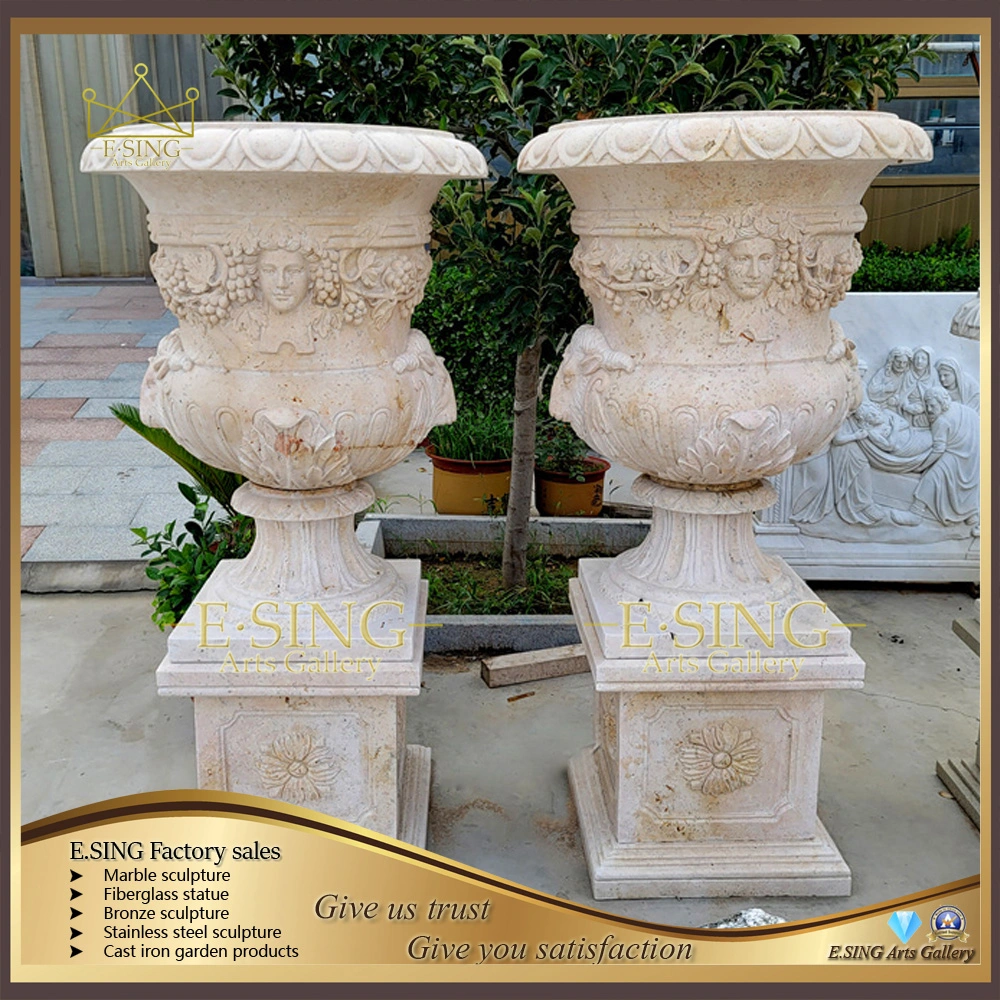 Garden Stone Furniture Flower Vase White Marble Planter Stone Carving Pots Marble Vase for Sale