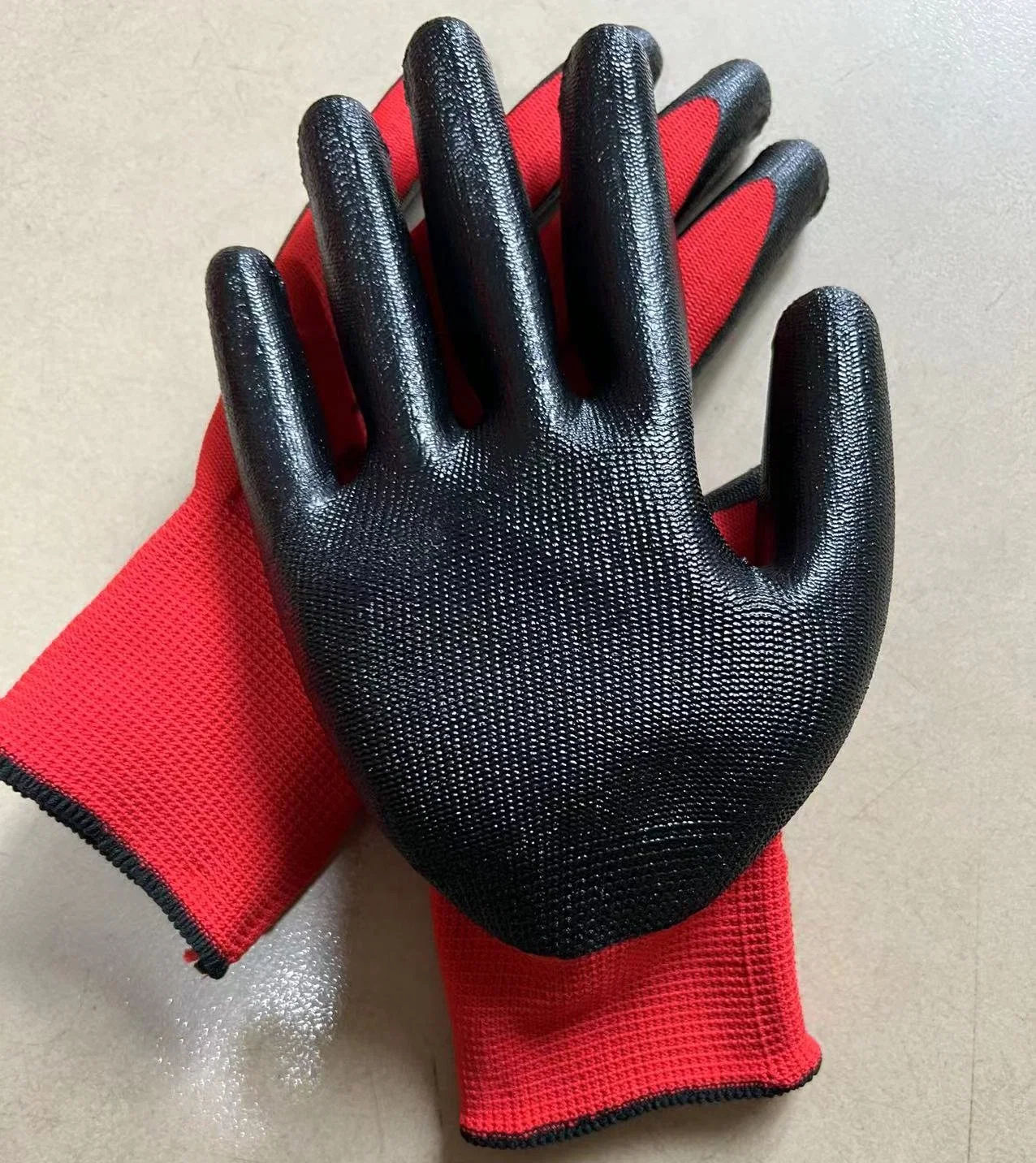 Red Polyester Knitted Black Nitrile Palm Coating Labor Protection Gloves