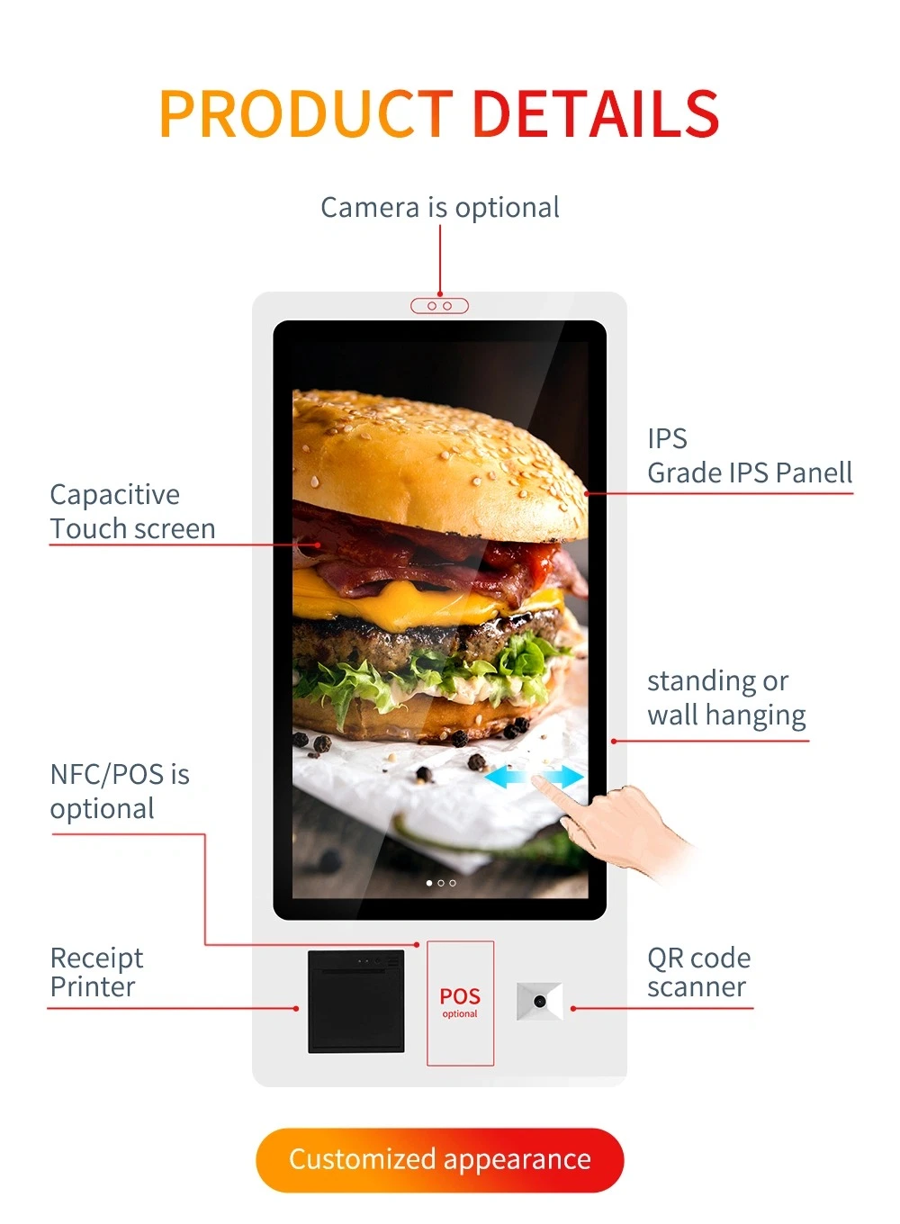 Restaurant POS-System Lebensmittel Escrow Zahlung Fastfood Kioske Selfservice Android Bestellen Sie Den Interaktiven Kiosk Für Elektronische Tickets