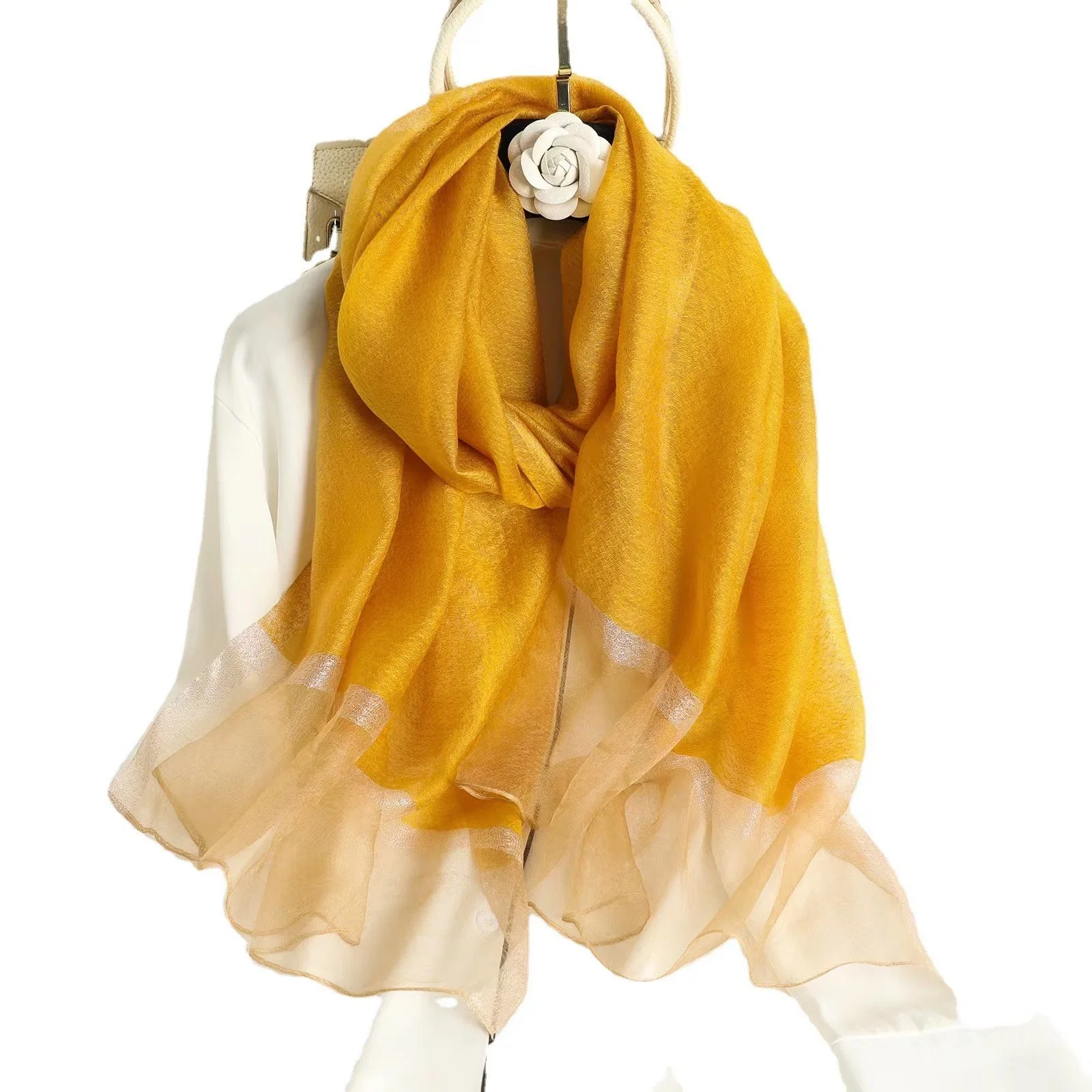 وشاح طويل متنوع الاستخدامات من النساء، أزياء الربيع النقية الألوان 100%من Scref وشاح حرير ذهبي اللون من الحرير محشو بالواقيات من الشمس