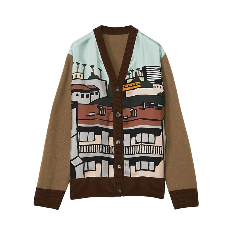 Cardigan décontracté à motif printanier, tricoté sur mesure, pull à col en V pour femmes.