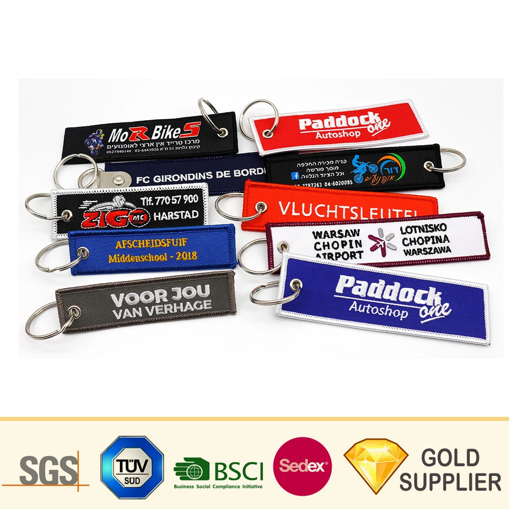 Promotion Wholesale Custom Logo Embroidery Patch Key Chain Holder Airplan Remove Before Flight Textile Woven Fabric Polyester Short Lanyard Embroidered Keyring