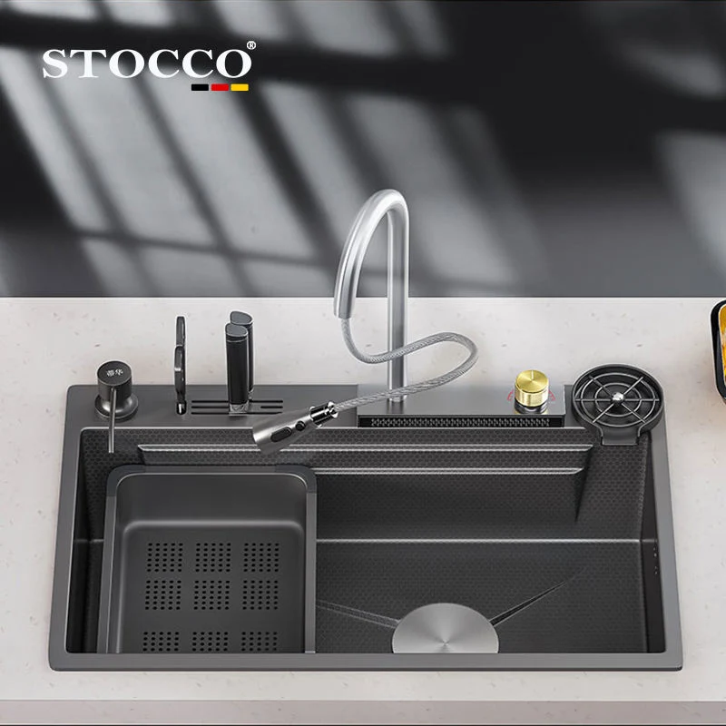 Luxury Modern Draining Single Bowl 304 Stainless Steel Multifunction Kitchen Sink Black Waterfall Faucet Kitchen Sinkspopular