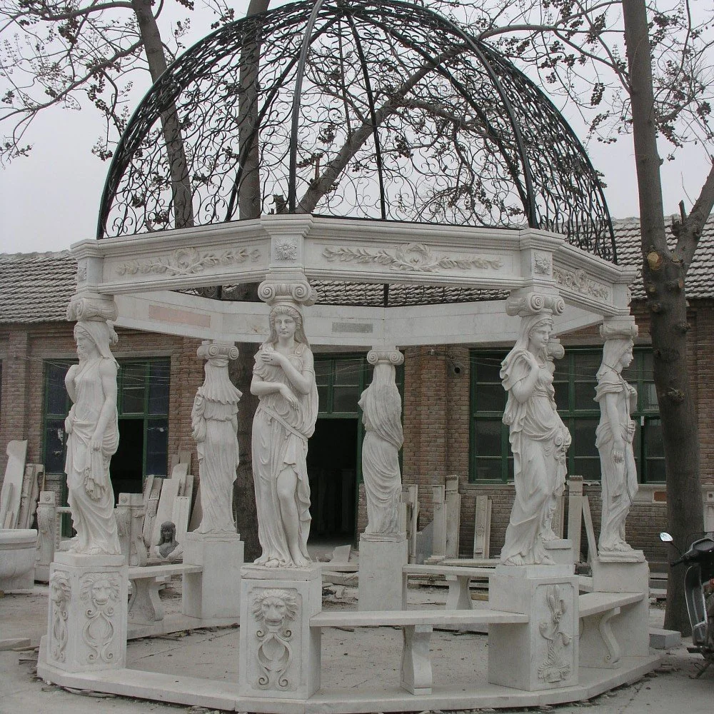 Western Style Garden Travertine Pavilion Column Gazebo with Iron Cover
