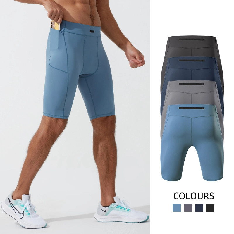Großhandel Compression Biker Shorts für Männer mit Seite + Rücken Reißverschlusstasche Leichte Weiche Komfortable Gym Fitness Herren Kurze Strumpfhose