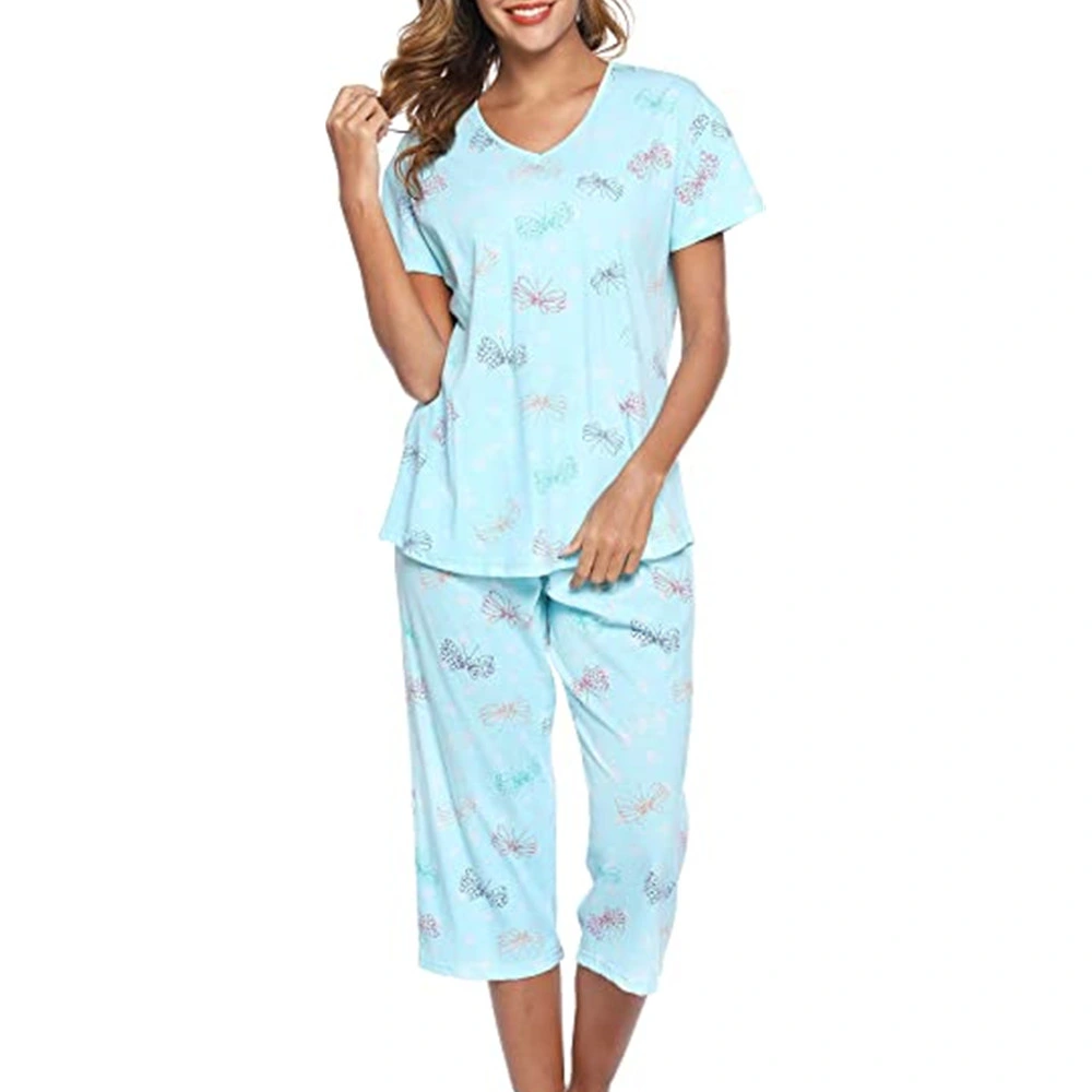 Partes de cima de manga de pescoço em V com Capri Pants para mulher, por atacado com o melhor preço Conjuntos de Pajama