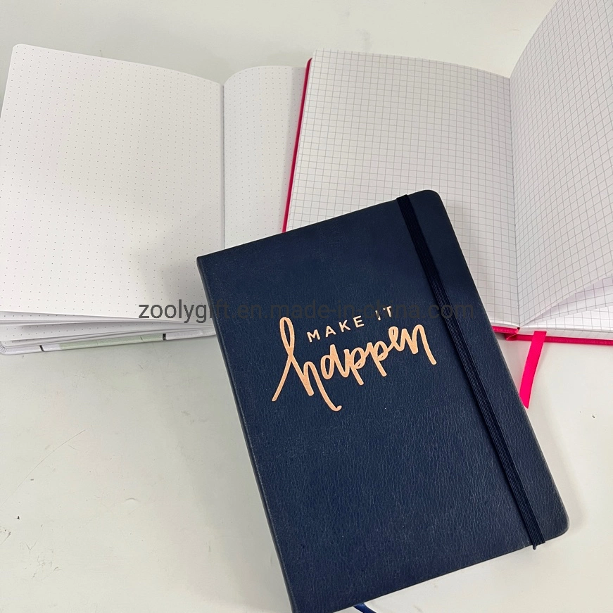 Agenda diária com capa dura de couro PU personalizada com logotipo em hot stamping, com elástico. Caderno de notas em couro PU A5 Moleskine.