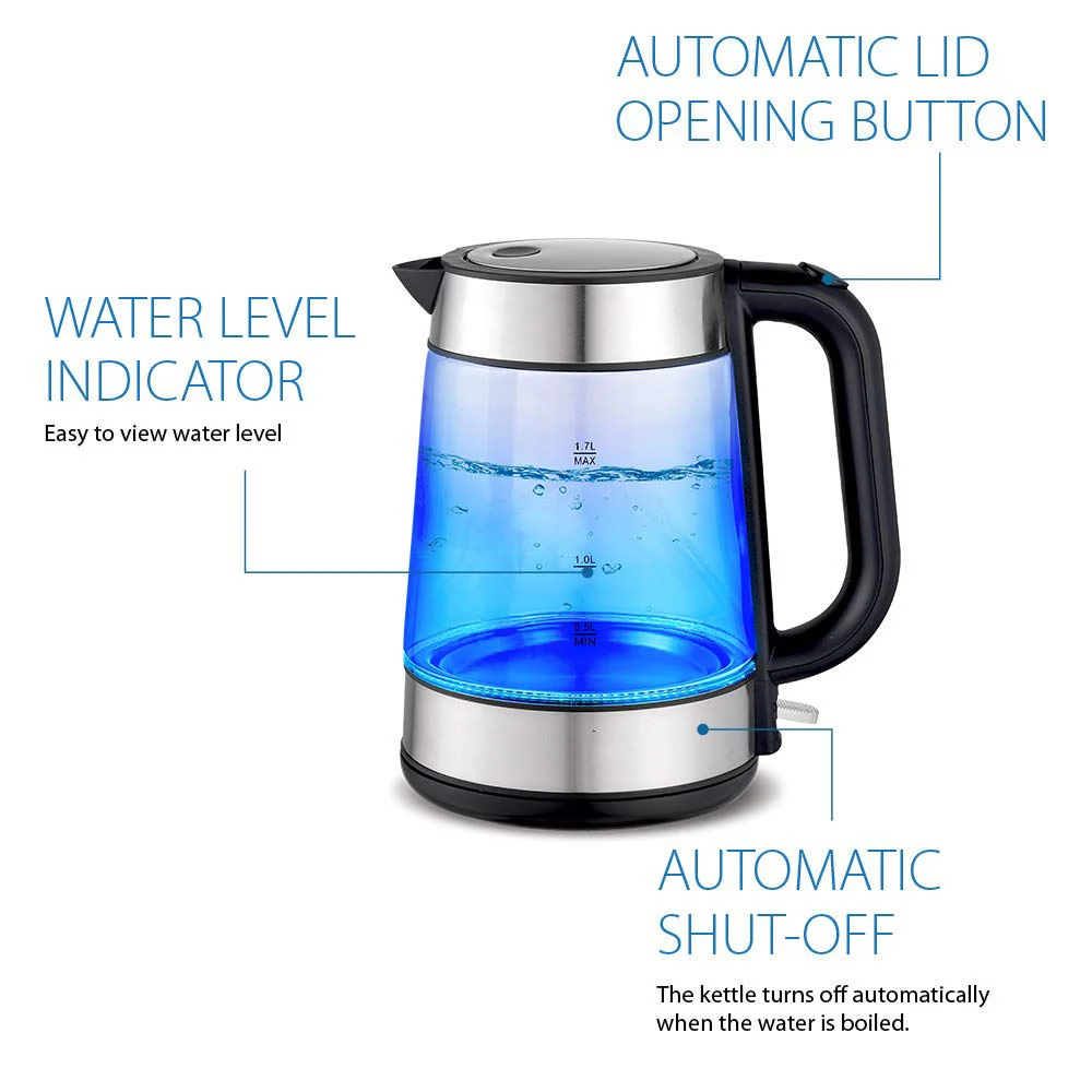 Multifunction Stainless Steel Open Lid Button 1.7 Litre Electric Hot Fast Glass Water Heater Kettle