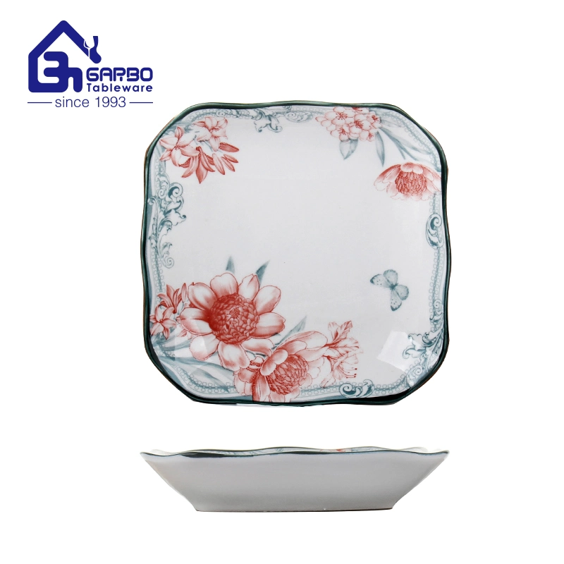 8 Inch Ceramic Porcelain Square Soup Plates and Dishes Dinnerware Set with Decal Flower