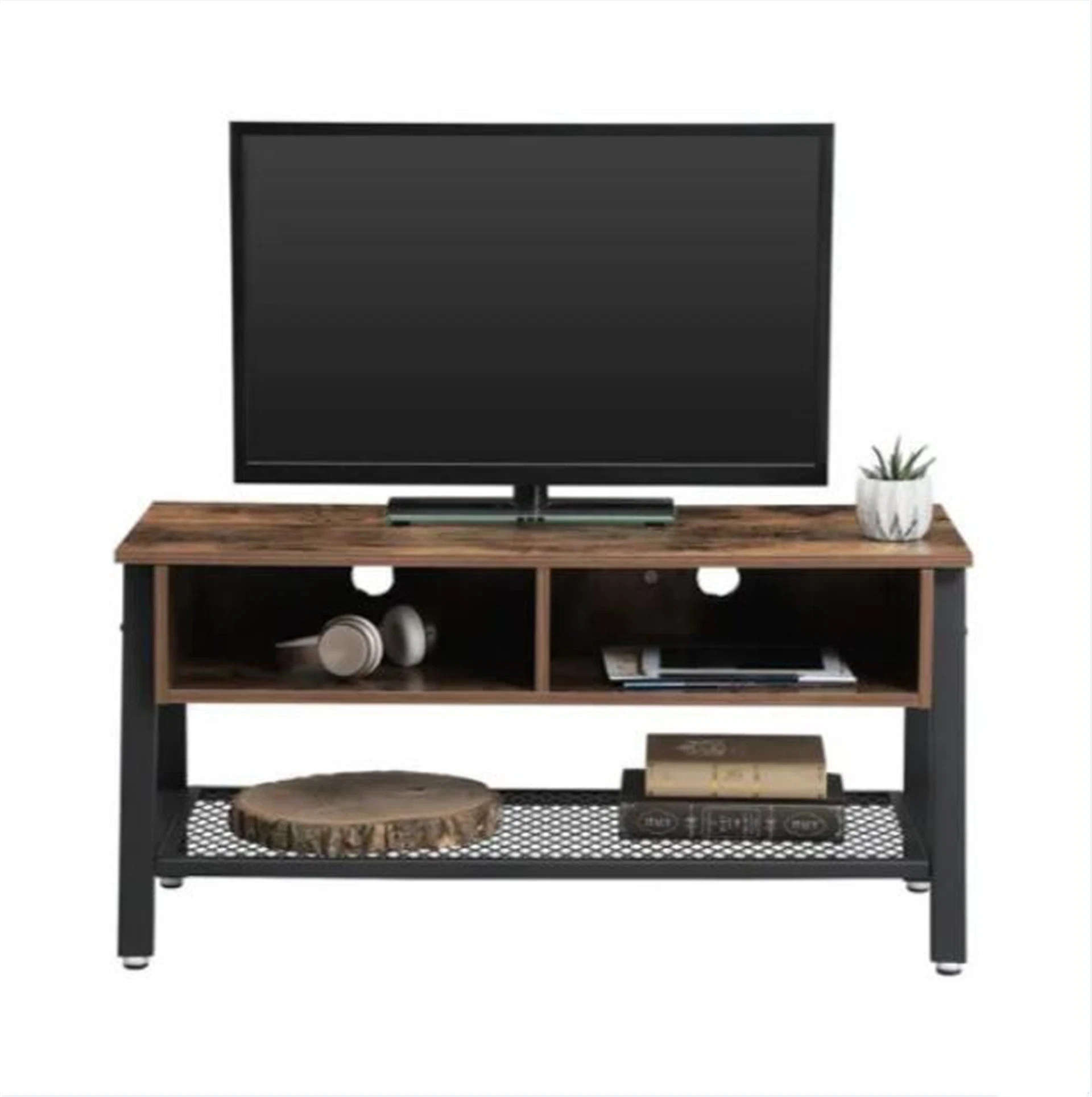 Industrial TV Stand with Mesh Shelf and Open Compartment