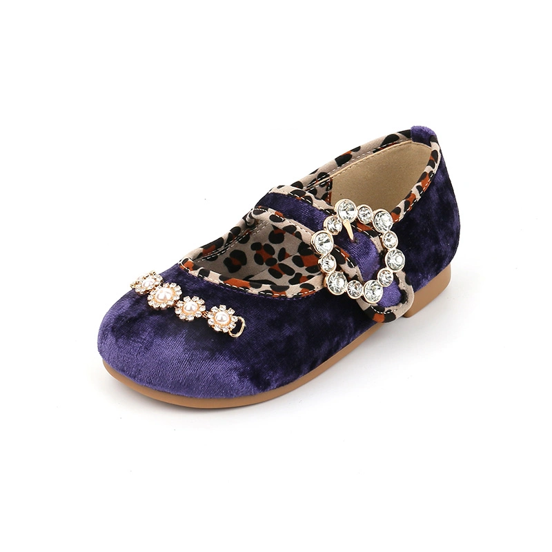 Velvet Pearl Embellishment Velcro with Rhinestone Buckle Flat Children Shoes