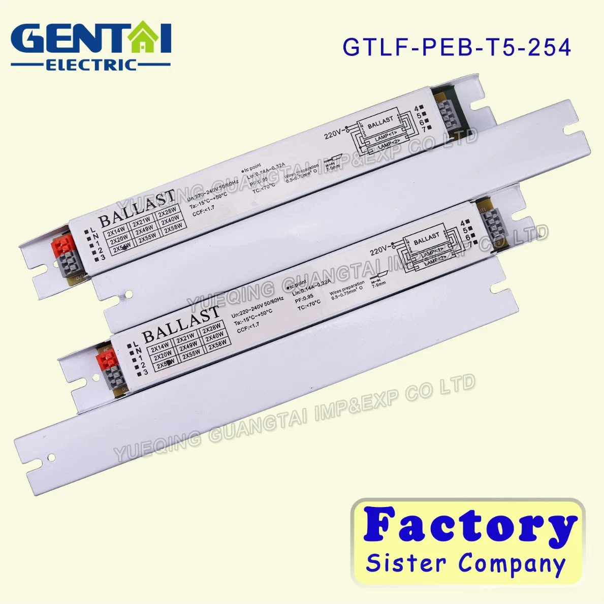 Facteur de puissance élevé 0,95 T5 2*54W Ballast électronique utilisé pour la lampe fluorescente