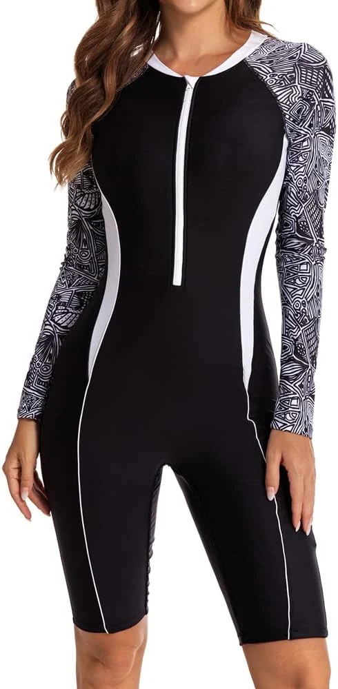 Women's One Piece Long Sleeve Rash Guard Knee High Bathing Suits Swimsuit Sport Surfing Wear Athletic Swimwear