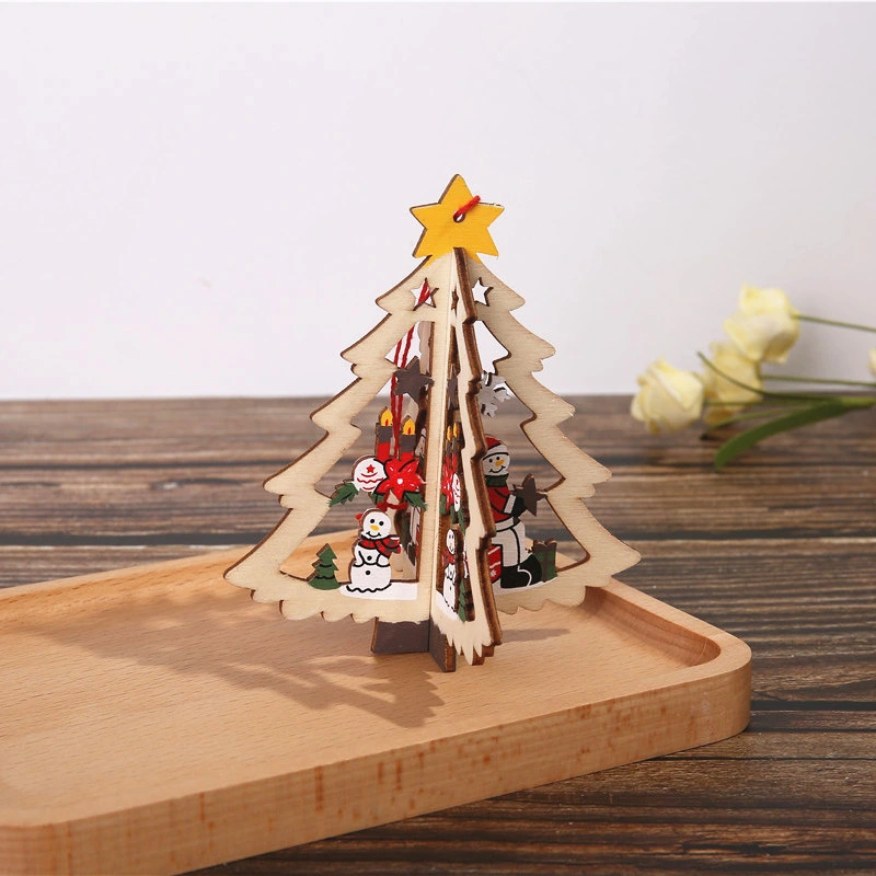 Factory Direct Sales Creative Wooden Small Wood Chips Assembled Bells Christmas Tree Family Decorations Children's Gifts