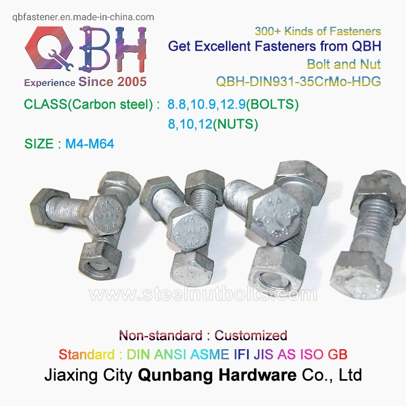 Qbh DIN931/DIN933 35CrMo Full Thread/Half Thread HDG Hex Bolt and Single Chamfered Nut Assemble