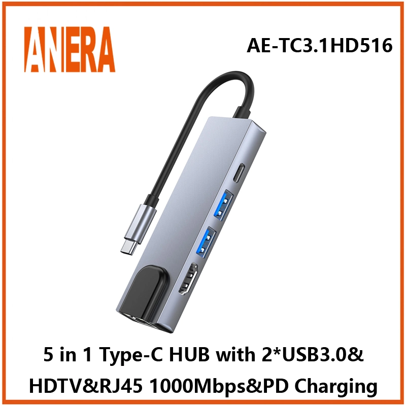 Anera High Performance 5 in 1 Multifunktions-USB C tragbar Nabenadapter-Konverter Typ C mit 1000Mbps LAN USB3,0 Hub Pd-Ladefunktion und HDMI