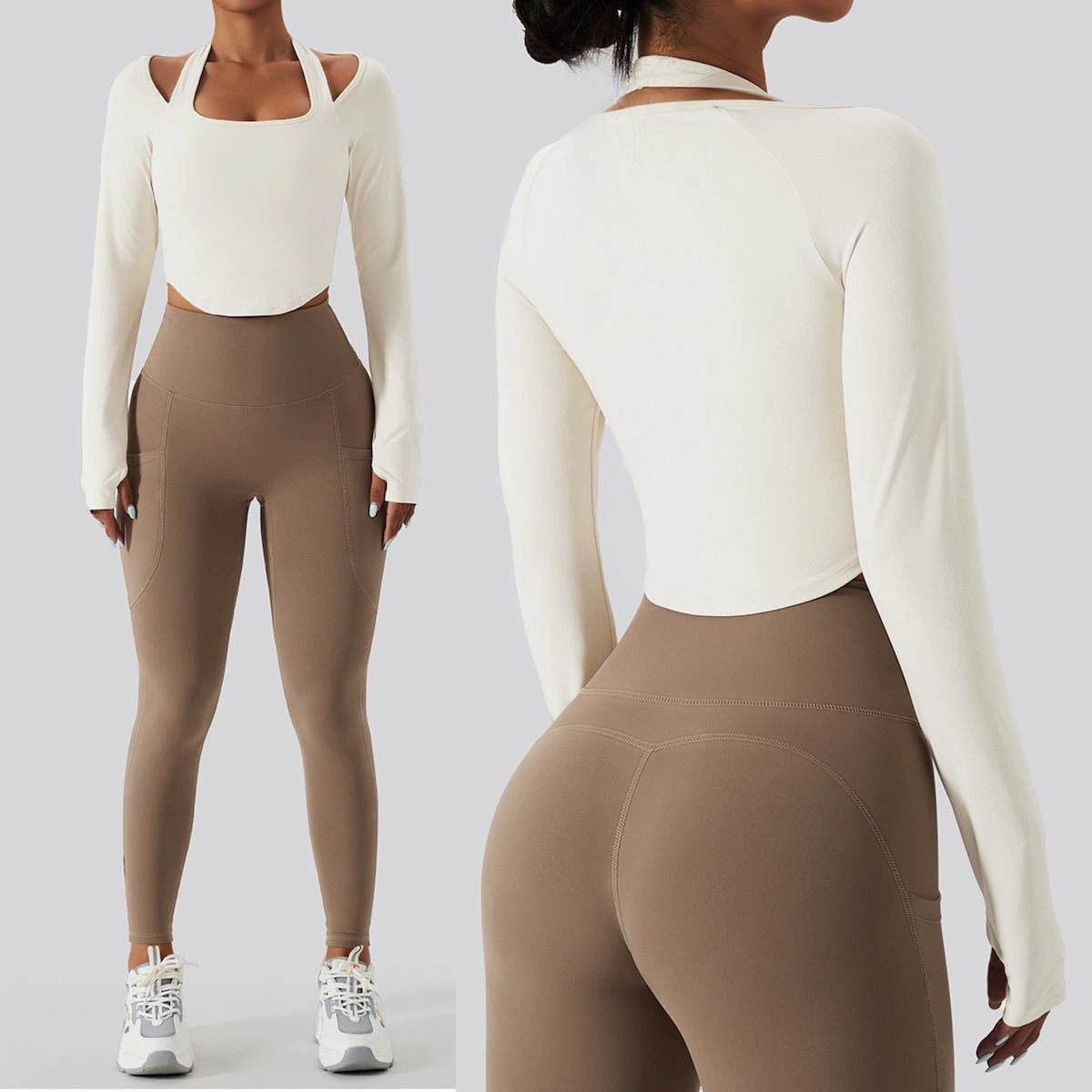 Новый дизайн Sexy Ropa De Yoga Apparel Lulu Style Long Sleeve Halter Neck Тренировка топов со встроенным бюстгальтером, спортивным спортивным топом повседневная одежда для бега для женщин