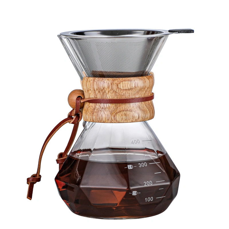 Jarro de café Diamond Pot de 400 ml, 600 ml, 800 ml, de vidro borossilicato alto, com preparação manual Cabo de madeira