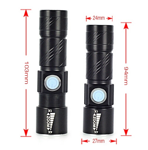 Golden Black CREE Q5 2000lm USB Rechargeable Alloy Hand Torch Zoomable LED Flashlight