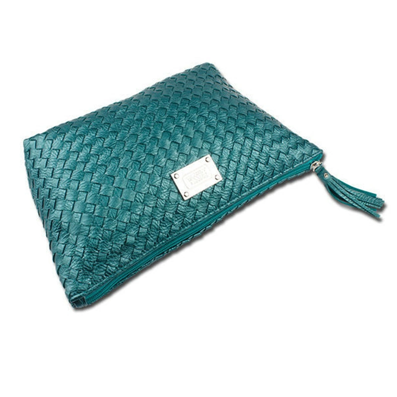 OEM Elegant Woven PU Leather Zip Clutch Cosmetic Bag