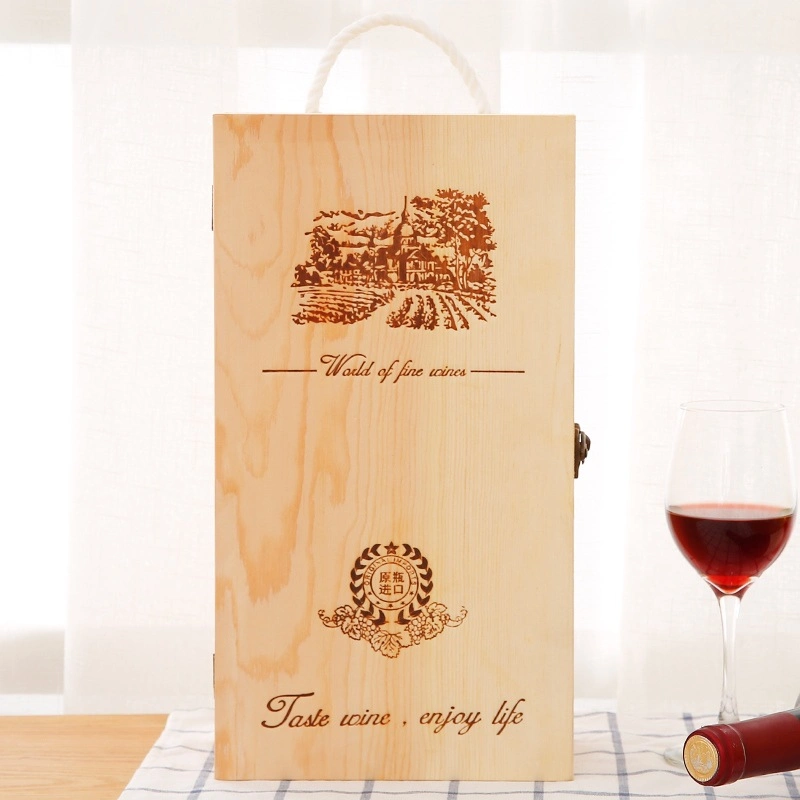 Caja de botellas de vino de madera sólida con mango de diseño hueco