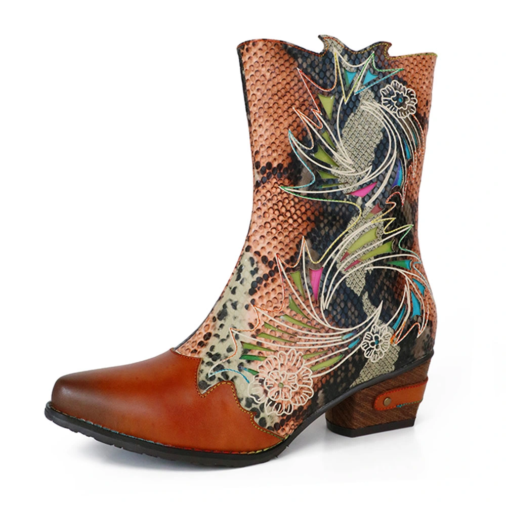 Lady&prime; S Vintage Laser Snake Pattern Booties Handpainted Leather Fashion Boots