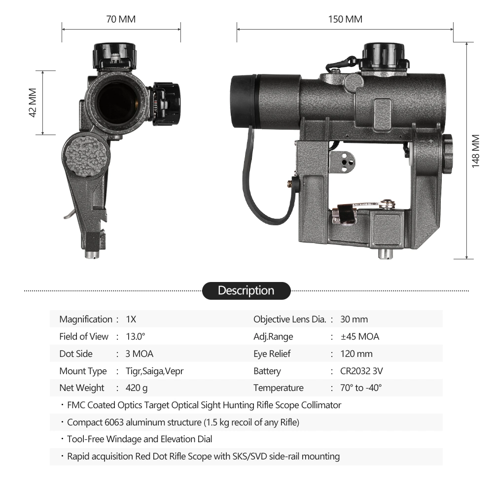 Óptica de espina 1X30 alcance de la vista táctica Caza Scopes Red DOT Vista