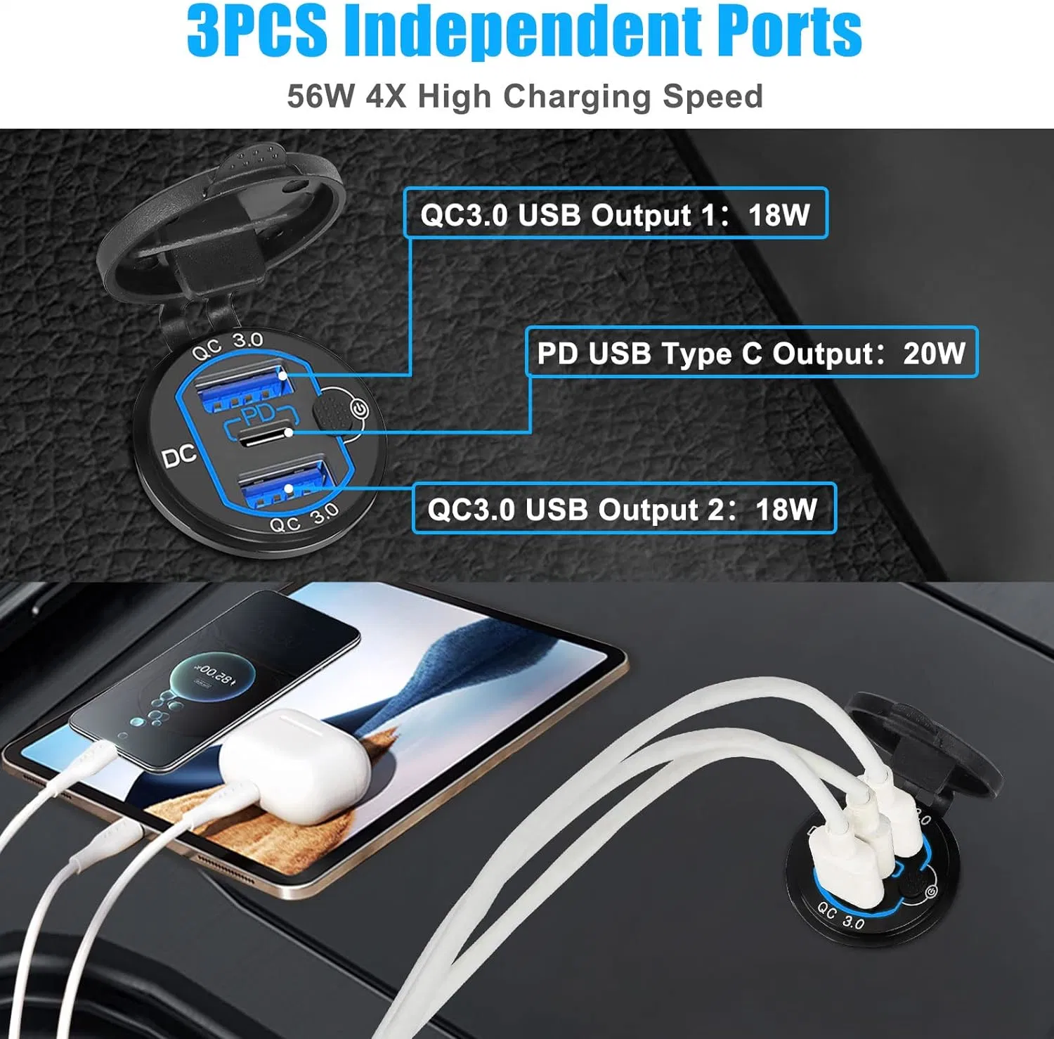 12V USB Car Socket Round USB C 12V Outlet, 3-Port Marine USB Fast Charger Waterproof Cigarette Outlet USB Replacement Aluminum with Switch & Voltmeter, Suitable