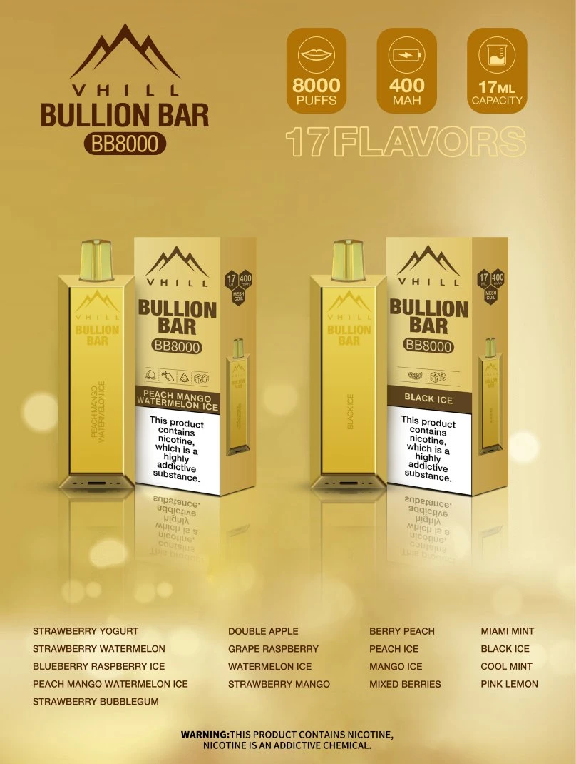 Riginal Vhill Bullion Bar 8000 Caneta Vape Pod Barra Kit Barra de Ouro e cigarros Tipo C Multi-Flavors recarregável embutida Bateria Recarregável de Fábrica do vaporizador