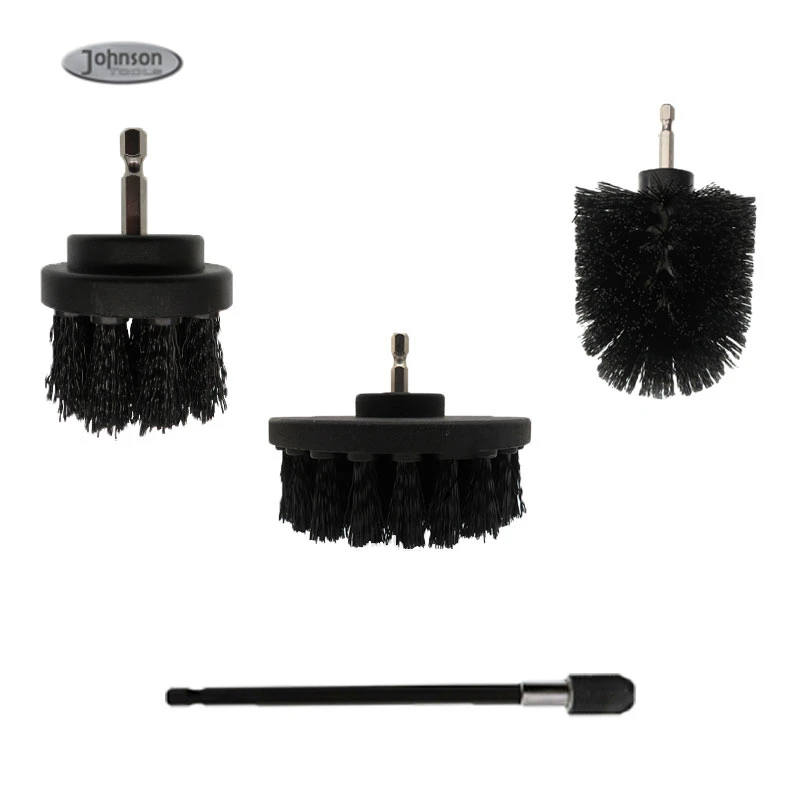 4 Pieces Black Color Nylon Drill Brush Attachment Set for Car Carpet Bathroom Cleaning