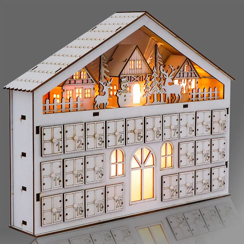 Xmas Wooden Crafts Calendar Handmade White Wood Decoration Ornaments Christmas House Calendar